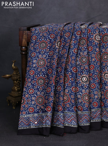 Modal silk saree indigo blue and black with allover ajrakh prints & sequin mirror work and sequin embroidery pallu