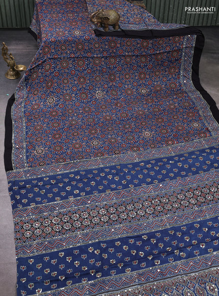 Modal silk saree indigo blue and black with allover ajrakh prints & sequin mirror work and sequin embroidery pallu