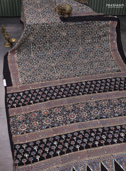 Modal silk saree black beige with allover ajrakh prints & sequin mirror work and sequin embroidery pallu