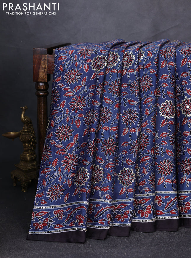 Modal silk saree indigo blue and black with allover ajrakh prints & sequin mirror work and sequin embroidery pallu