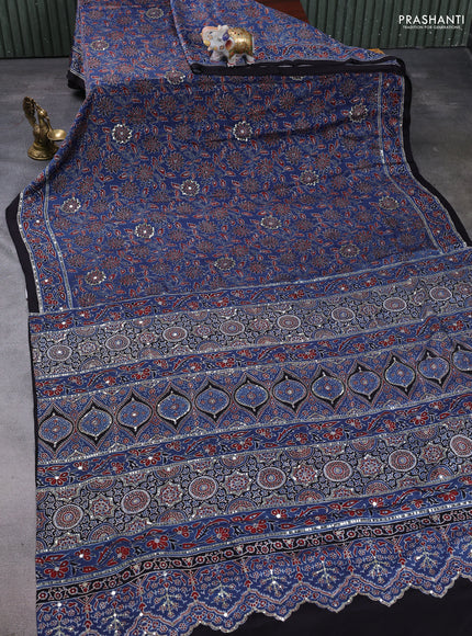 Modal silk saree indigo blue and black with allover ajrakh prints & sequin mirror work and sequin embroidery pallu