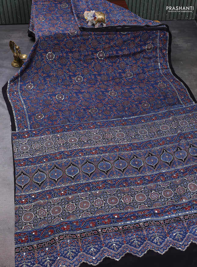 Modal silk saree indigo blue and black with allover ajrakh prints & sequin mirror work and sequin embroidery pallu