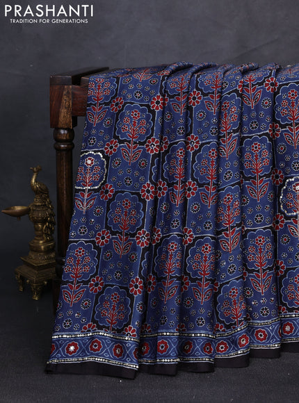 Modal silk saree indigo blue and black with allover ajrakh prints & sequin mirror work and sequin embroidery pallu