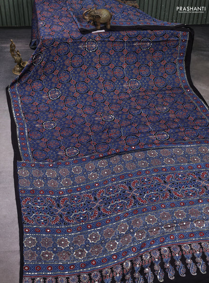 Modal silk saree indigo blue and black with allover ajrakh prints & sequin mirror work and sequin embroidery pallu