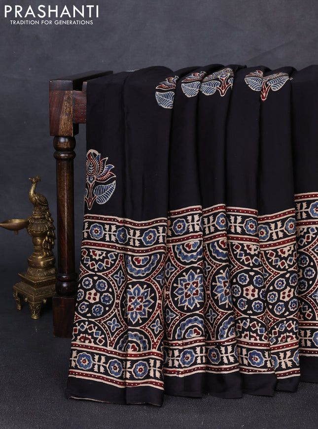Modal silk saree black with allover ajrakh prints and printed border