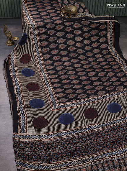 Modal silk saree black and beige with allover ajrakh prints and printed border