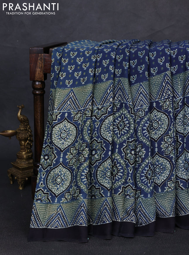 Modal silk saree indigo blue and black with allover ajrakh prints and printed border