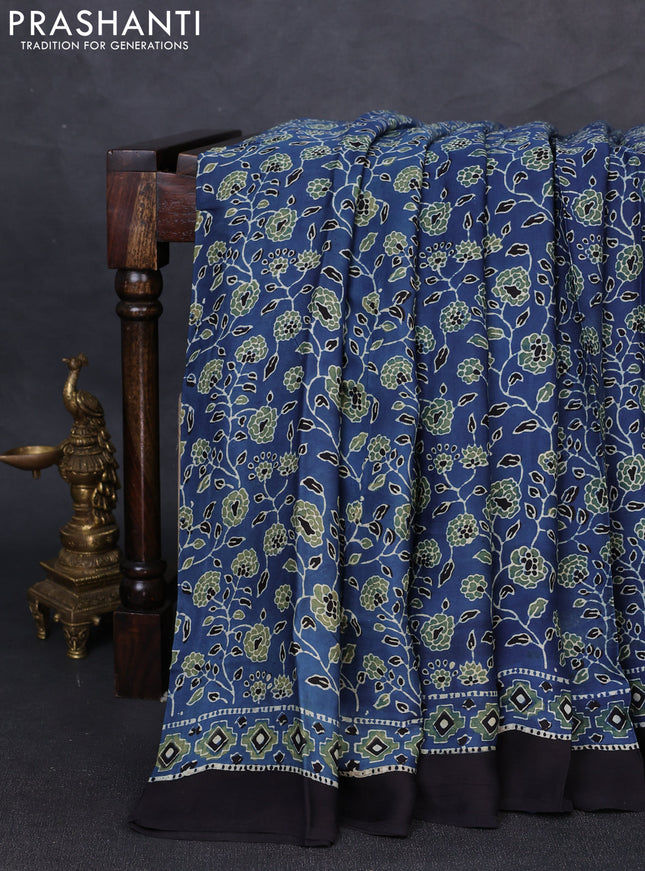Modal silk saree indigo blue and black with allover ajrakh prints and printed border
