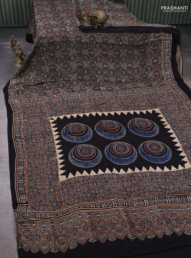 Modal silk saree black with allover ajrakh prints and printed border