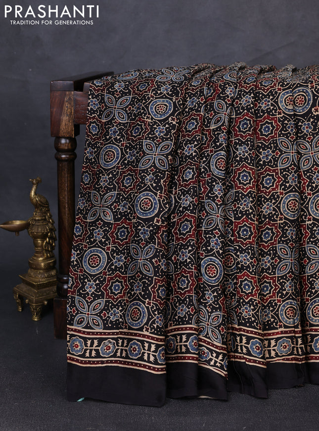 Modal silk saree black with allover ajrakh prints and printed border