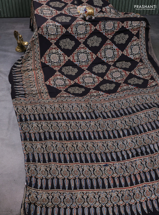 Modal silk saree black with allover ajrakh prints and printed border