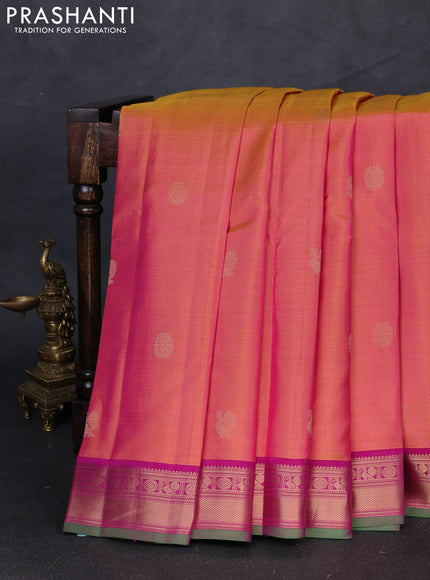 Pure kanchipuram silk saree dual tone pinkish yellow and dark magenta pink with allover vairaosi pattern & zari buttas and zari woven border