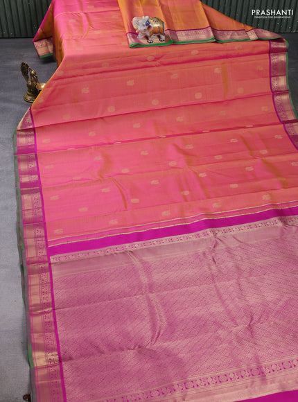 Pure kanchipuram silk saree dual tone pinkish yellow and dark magenta pink with allover vairaosi pattern & zari buttas and zari woven border