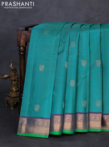 Pure kanchipuram silk saree teal green and wine shade with allover vairaosi pattern & zari buttas and zari woven border