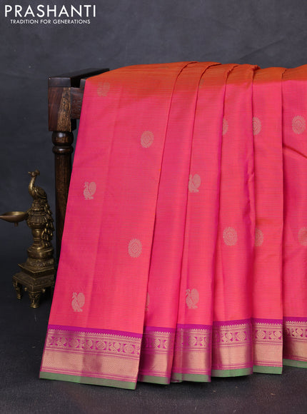 Pure kanchipuram silk saree dual tone pinkish orange and purple with allover vairaosi pattern & zari buttas and zari woven border