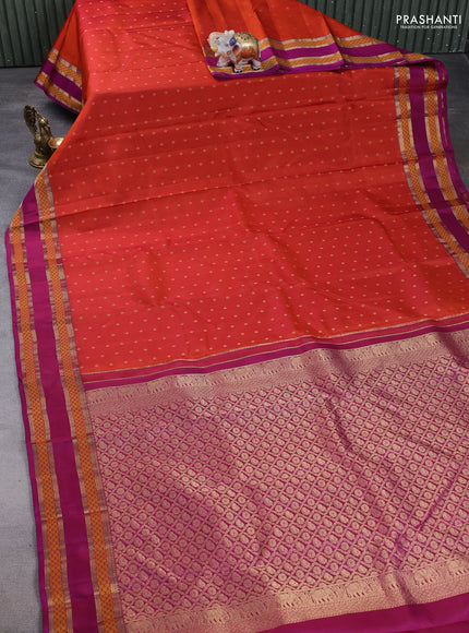 Pure kanchipuram silk saree rustic orange and purple with allover zari woven buttas and rettapet zari woven border