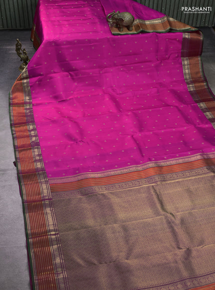 Pure kanchipuram silk saree pink and dark magenta pink with allover zari woven buttas and zari woven border