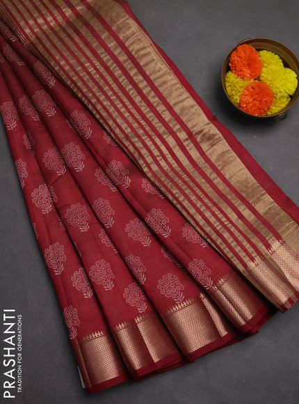Semi raw silk saree maroon with allover butta prints and zari woven border