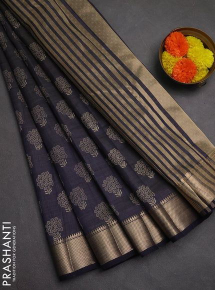 Semi raw silk saree navy blue with allover butta prints and zari woven border