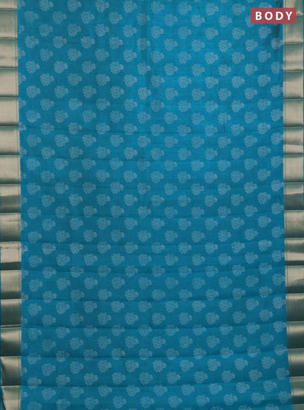 Semi raw silk saree teal blue with allover butta prints and zari woven border