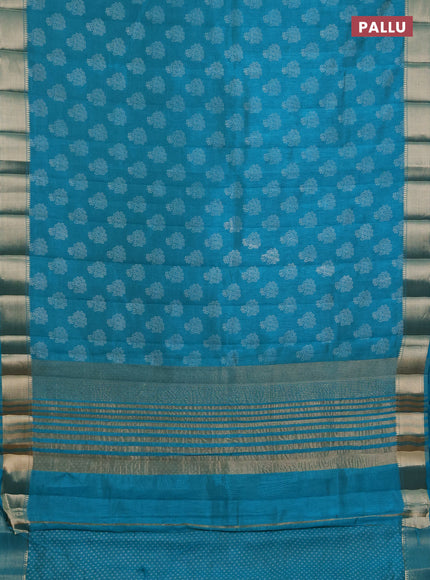 Semi raw silk saree teal blue with allover butta prints and zari woven border