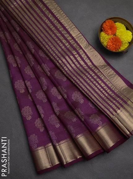 Semi raw silk saree purple with allover butta prints and zari woven border