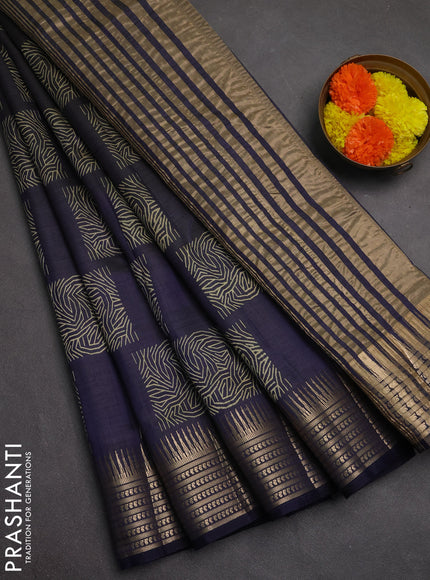 Semi raw silk saree navy blue with allover box type butta prints and zari woven border