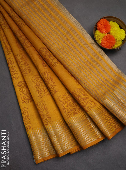 Semi raw silk saree mustard yellow with allover box type butta prints and zari woven border