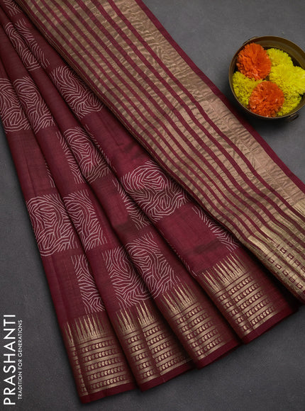 Semi raw silk saree maroon with allover box type butta prints and zari woven border