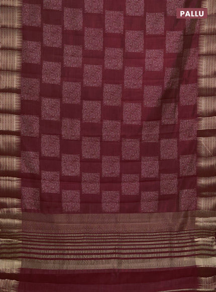 Semi raw silk saree maroon with allover box type butta prints and zari woven border