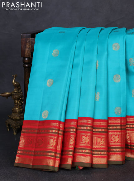 Pure kanchipuram silk saree teal blue and red with annam & rudhraksha zari woven buttas and rich zari woven border