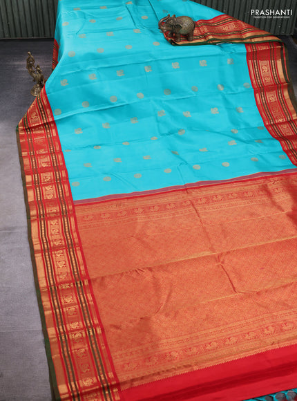 Pure kanchipuram silk saree teal blue and red with annam & rudhraksha zari woven buttas and rich zari woven border