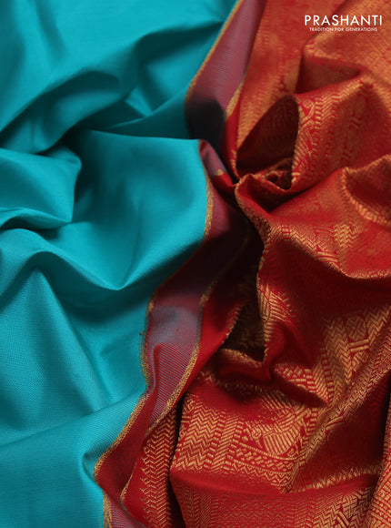 Pure kanchipuram silk saree teal blue and red with annam & rudhraksha zari woven buttas and rich zari woven border