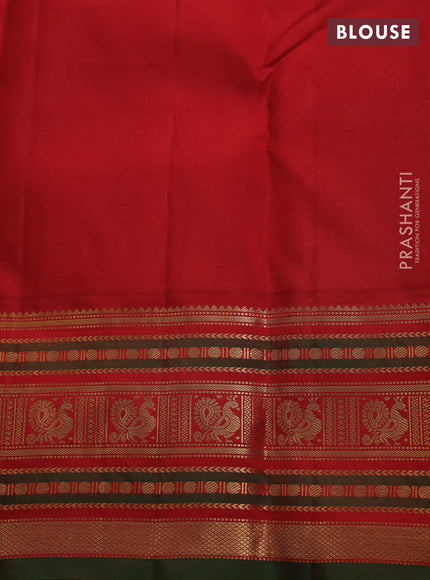 Pure kanchipuram silk saree teal blue and red with annam & rudhraksha zari woven buttas and rich zari woven border