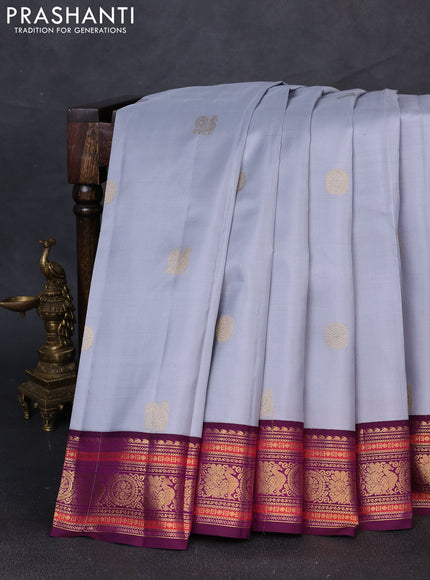 Pure kanchipuram silk saree pastel grey and purple with annam & rudhraksha zari woven buttas and rich zari woven border
