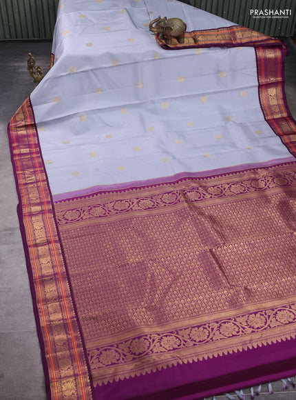 Pure kanchipuram silk saree pastel grey and purple with annam & rudhraksha zari woven buttas and rich zari woven border