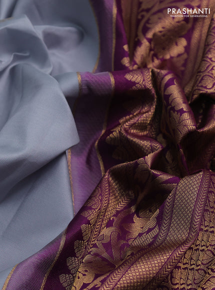 Pure kanchipuram silk saree pastel grey and purple with annam & rudhraksha zari woven buttas and rich zari woven border