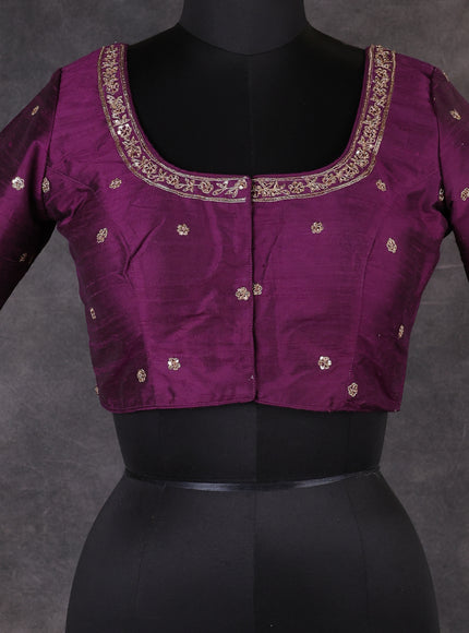 Wine Shade Raw Silk Embroidery Readymade Blouse