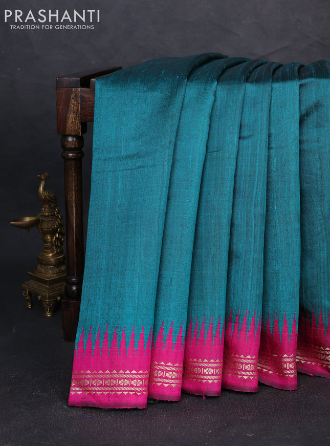 Pure dupion silk saree teal green and magenta pink with plain body and temple design vidarbha border