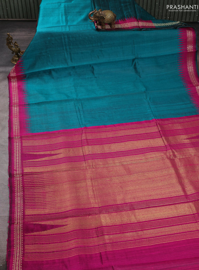 Pure dupion silk saree teal green and magenta pink with plain body and temple design vidarbha border