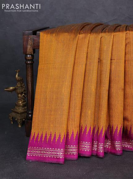 Pure dupion silk saree dark mustard and purple with plain body and temple design vidarbha border