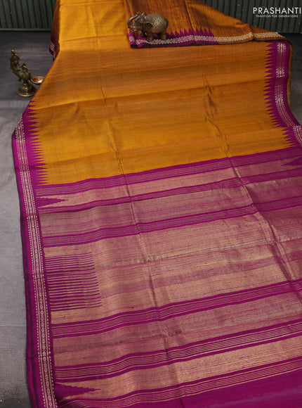 Pure dupion silk saree dark mustard and purple with plain body and temple design vidarbha border