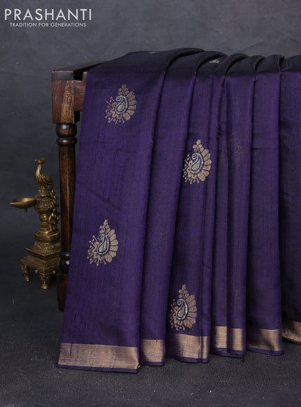 Pure dupion silk saree dark blue with zari woven buttas and zari woven border