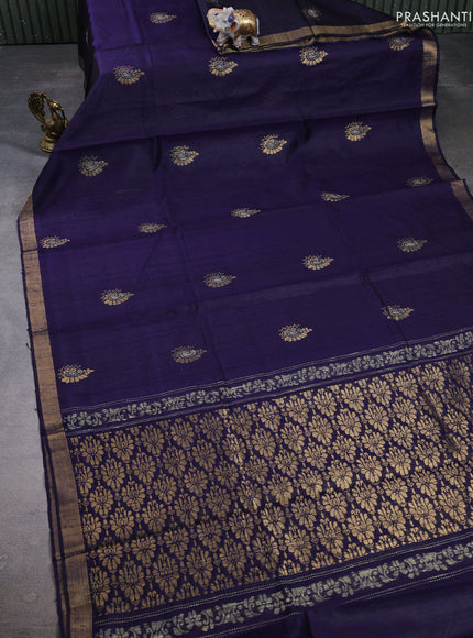 Pure dupion silk saree dark blue with zari woven buttas and zari woven border