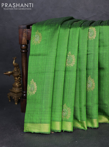 Pure dupion silk saree parrot green with zari woven buttas and zari woven border