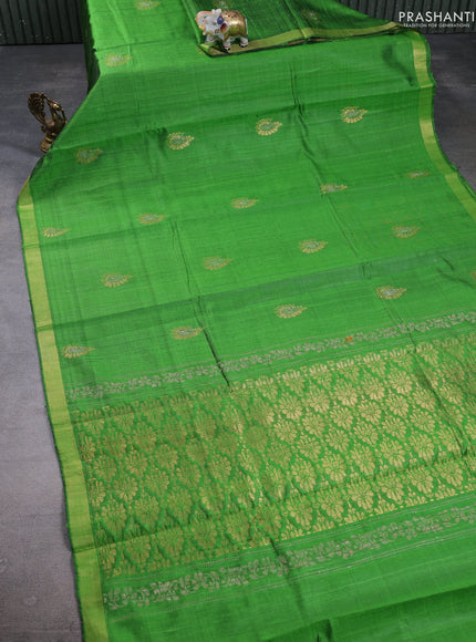 Pure dupion silk saree parrot green with zari woven buttas and zari woven border