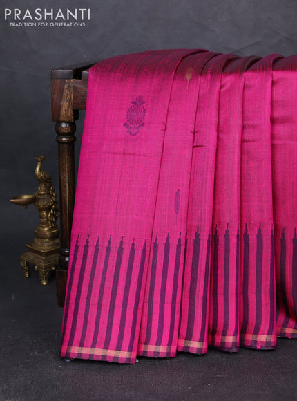 Pure dupion silk saree magenta pink and purple with thread & zari woven buttas and temple design border