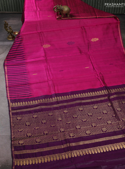 Pure dupion silk saree magenta pink and purple with thread & zari woven buttas and temple design border