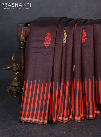 Pure dupion silk saree coffee brown and orange with thread & zari woven buttas and temple design border