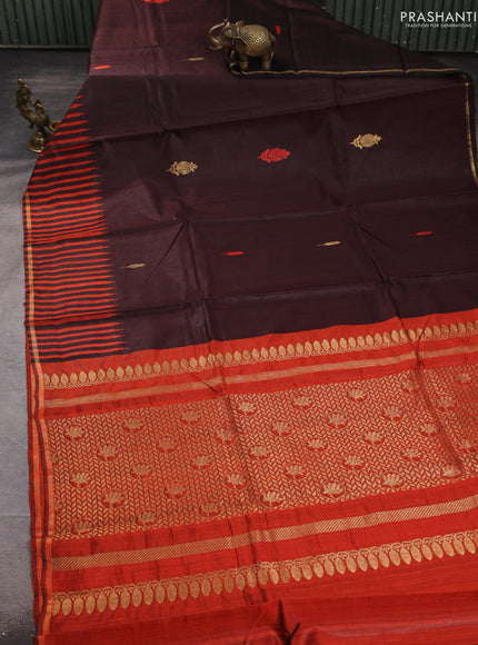 Pure dupion silk saree coffee brown and orange with thread & zari woven buttas and temple design border